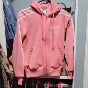 adidas Pink Trefoil Full-Zip Hoodie with White Stripes